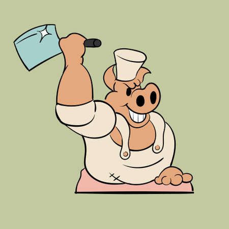 Pig butcher cook with kitchen knife. Vintage toons: funny character, vector illustration trendy...