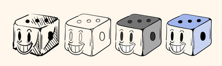 Character Playing Dice sketch,lineart,colorless and colored. Stages of drawing coloring book vintage toons: funny character, vector illustration trendy classic retro cartoon style 30sのイラスト素材