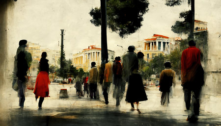 Athens Greece, crowds of people walking through the streets of Athens, paintingの写真素材