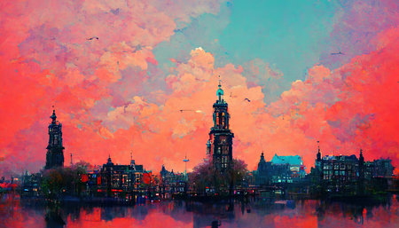 Amsterdam Netherlands painting illustration, Amsterdam cityの写真素材
