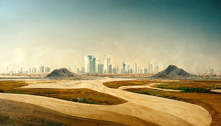Qatar skyline, Qatar city in desert, paintingの写真素材