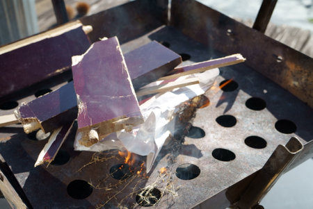 BBQ and bonfire in the gardenの写真素材