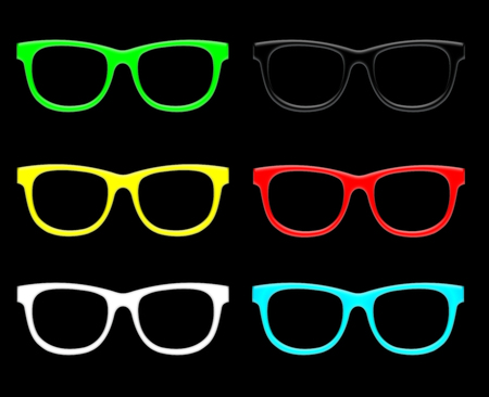 Glasses set. Raster illustration of plastic colorful sunglasses isolated on black.の写真素材