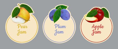 Set of labels for fruit jam. Pear, plum, apple fruit set.の写真素材