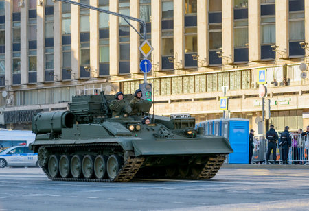 MOSCOW, RUSSIA - MAY 3, 2017: Tverskaya Street, rehearsal for the Victory Parade on May 9, military...