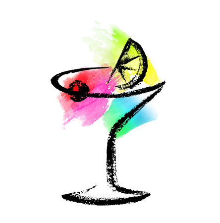 Sketch of cocktail glass on a watercolor splash background.のイラスト素材