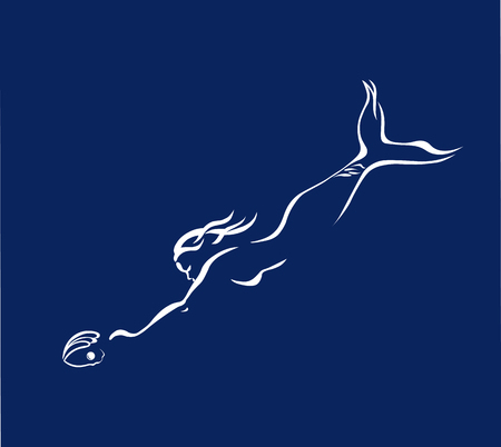 Mermaid swimming to pearl in the shell vector illustration on blue background.のイラスト素材