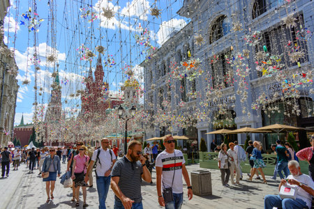 Moscow, Russia. June, 20, 2018:: People walk in Nikolskaya street - pedestrian street in the center of Moscow.のeditorial素材
