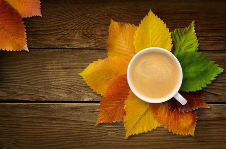 coffee cup with the autumn fall leaves composition