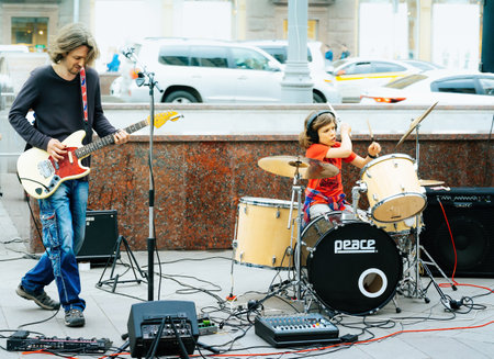 Moscow, Russia - May 08, 2019: Street musicians playing rock musicのeditorial素材