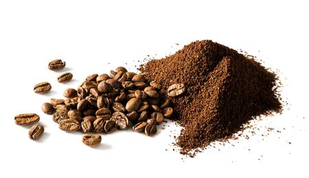 Ground coffee and coffee beans isolated on white background.の写真素材