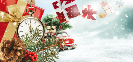 Christmas presents or New Year gifts on a snowy background.の写真素材