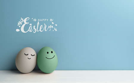 Pair of easter eggs with loving faces with happy Easter lettering