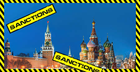 Sanctions against the Russian Federation. Moscow Kremlin in frame of Black and yellow striped tapeの写真素材