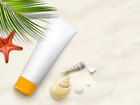White blank cosmetic tube with sunscreen, suncream for body, starfish and green brunch palm on the...