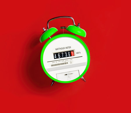 Green Electric meter with alarm clock on a red backgroundの写真素材