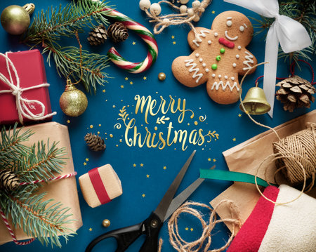 Merry Christmas greeting card. Preparation, gift wrapping concept in christmas timeの写真素材