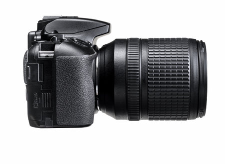 DSLR photo camera side view isolated on a white background.