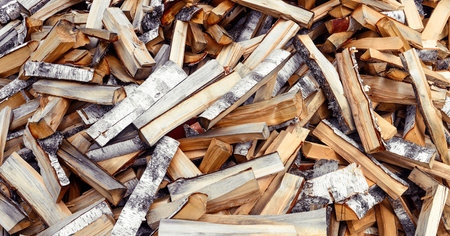Pile of chopped firewood of Birch background