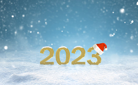 New Year background with golden numbers 2023 and Santa hat on beautiful new year snowy landscape