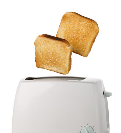 Roasted toast bread and toaster over white background.
