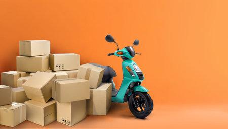 Express delivery service by motorcycle. Green motor scooter with lots of delivery boxes on orange background.の写真素材