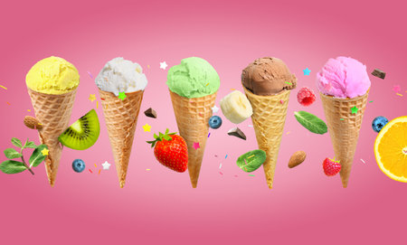 Ice cream in waffle cones on pink background.