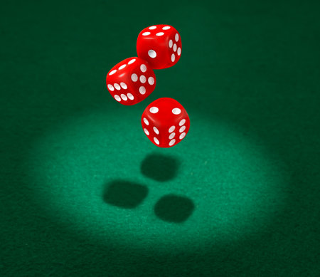 Three red dice floating in the atmosphere to symbolize fortune and risk in gambling