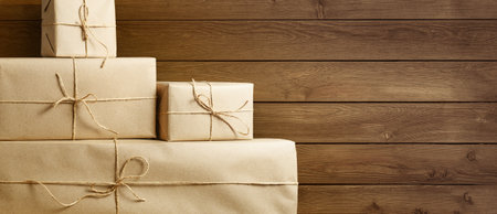 An arrangement of Stacked Rustic Gift Boxes set against a beautiful wooden wall
