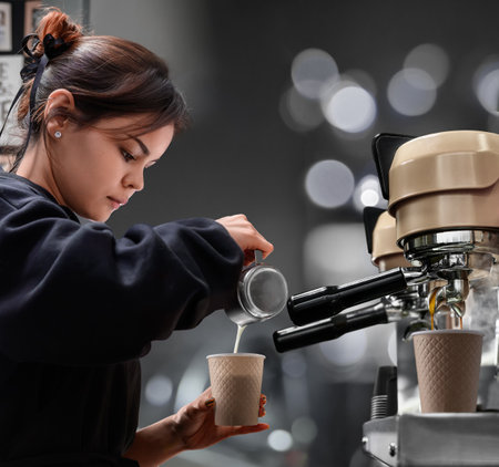 Female asian Barista holding cup making fresh cappuccino that being brewed by the machine in cafe.の写真素材