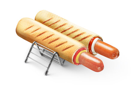 Hotdogs served in a soft, fresh bun with dressings on a metal standの写真素材
