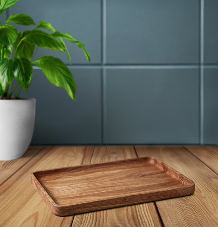 Wooden Tray on the wooden table in bathroom interiorの写真素材