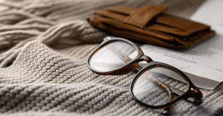 Eyeglasses and a Chic Wallet on Soft, Cozy Textiles for a Fashionable Lookの写真素材