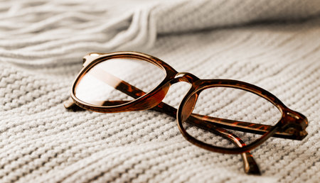 Stylish eyeglasses placed on a cozy knit fabric to beautifully enhance your look and comfortの写真素材