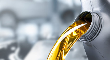 Pouring motor oil into the car engine