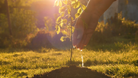 Hand Watering Of Young Sprout Tree Planted In Land Against Rays Of Sunset