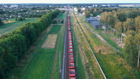 Aerial View Of Electric Train With Cargo Railway Wagons Transportation By Rail