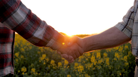 Close Up Handshake Of Two Farmers Businessmen In A Rural Field At Sunset Raysの写真素材