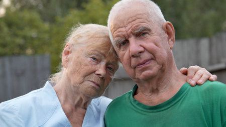 Senior couple posing with neutral facial expression