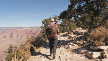 Hiker Woman With Backpack Hiking In Red Mountains Of Grand Canyon National Park