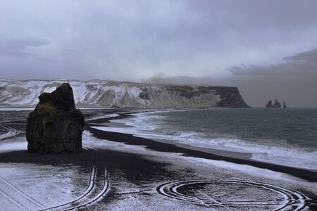 Black and white landscape at the beach near vik of iceland
