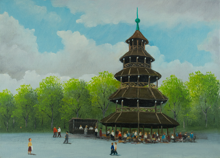 Oil Painting - The Chinese Tower with Beer Garden in the English Garden of Munichの写真素材