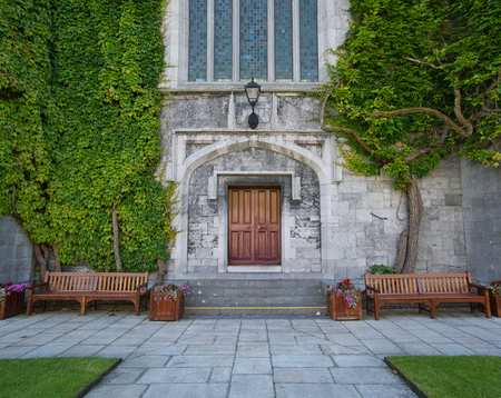 Two benches and flower pots in front of an entrance with a wooden door
