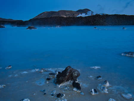 The milky thermal water of the blue lagoon in Grindavik at the blue hourのeditorial素材