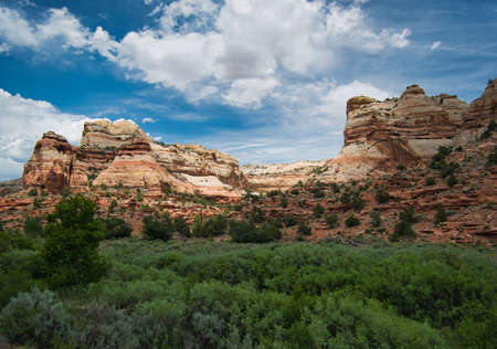 A green valley and rocky mountains with colorful layers of rock in the backgroundの写真素材