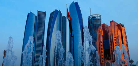 View of fountains and skyscrapers. Abu Dhabi. United Arab Emirates.のeditorial素材