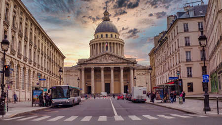 The Magnificent facade of the Pantheon in Neoclassical style in Paris, France.