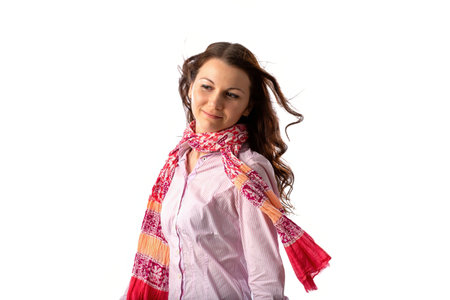 brown haired woman wiith scarf in white screenの写真素材