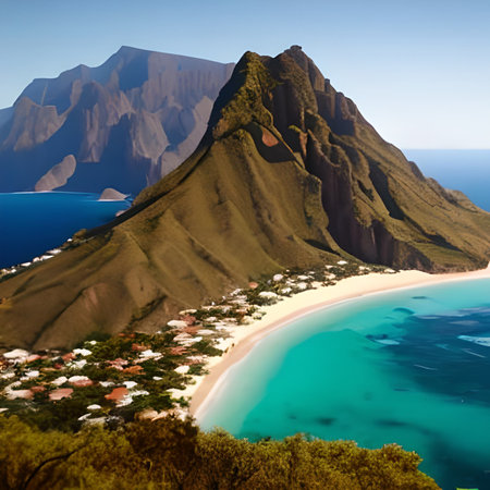 Aerial view of a sandy beach on the island of Madeira, Portugalの素材