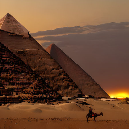 the pyramids of Giza at sunset in Egypt in Africa.の素材